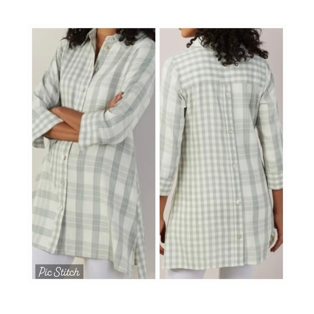Soft Surroundings Tunic Top Womens Med Gray/Sage Plaid Button Front 3/4 Sleeves